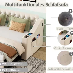 Lit Gigogne Capitonné 90x190 cm en Velours avec Rangement et Prise USB, Lit Multifonction Convertible 90/180 cm, Beige