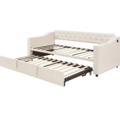 Lit Gigogne Capitonné 90x190 cm en Velours avec Rangement et Prise USB, Lit Multifonction Convertible 90/180 cm, Beige