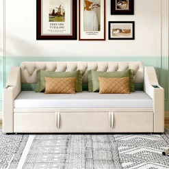 Lit Gigogne Capitonné 90x190 cm en Velours avec Rangement et Prise USB, Lit Multifonction Convertible 90/180 cm, Beige