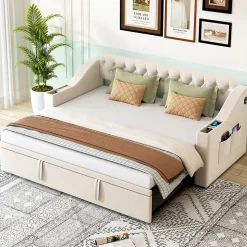 Lit Gigogne Capitonné 90x190 cm en Velours avec Rangement et Prise USB, Lit Multifonction Convertible 90/180 cm, Beige