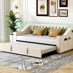 Lit Gigogne Capitonné 90x190 cm en Velours avec Rangement et Prise USB, Lit Multifonction Convertible 90/180 cm, Beige