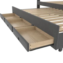 Lit Gigogne Double 140x200 cm - 3 Tiroirs de Rangement et Tête de Lit Réglable, Rembourré en Tissu Lin, sans Matelas, Gris