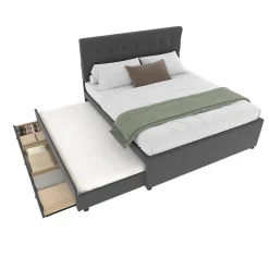 Lit Gigogne Double 140x200 cm - 3 Tiroirs de Rangement et Tête de Lit Réglable, Rembourré en Tissu Lin, sans Matelas, Gris