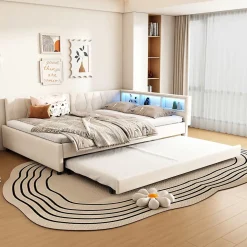 Lit Gigogne Double 140x200 cm - Ports USB Type-C et Éclairage LED d'Ambiance, Compartiment de Rangement, Lin, sans Matelas - Beige