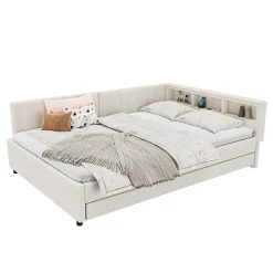 Lit Gigogne Double 140x200 cm - Ports USB Type-C et Éclairage LED d'Ambiance, Compartiment de Rangement, Lin, sans Matelas - Beige