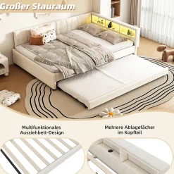 Lit Gigogne Double 140x200 cm - Ports USB Type-C et Éclairage LED d'Ambiance, Compartiment de Rangement, Lin, sans Matelas - Beige