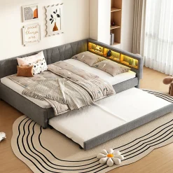 Lit Gigogne Double 140x200 cm - Ports USB Type-C et Éclairage LED d'Ambiance, Compartiment de Rangement, Lin - sans Matelas - Gris