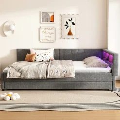 Lit Gigogne Double 140x200 cm - Ports USB Type-C et Éclairage LED d'Ambiance, Compartiment de Rangement, Lin - sans Matelas - Gris