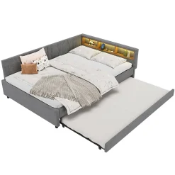 Lit Gigogne Double 140x200 cm - Ports USB Type-C et Éclairage LED d'Ambiance, Compartiment de Rangement, Lin - sans Matelas - Gris