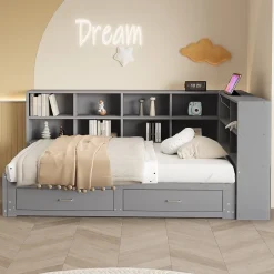 Lit Gigogne en Bois 90/180x190 cm - Lit Enfant avec Rangement, Tiroirs et Prise Électrique, Sommier à Lattes, Gris