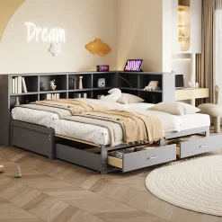 Lit Gigogne en Bois 90/180x190 cm - Lit Enfant avec Rangement, Tiroirs et Prise Électrique, Sommier à Lattes, Gris