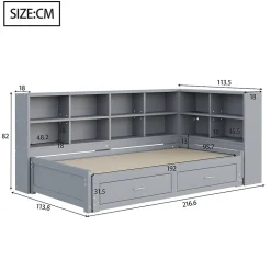 Lit Gigogne en Bois 90/180x190 cm - Lit Enfant avec Rangement, Tiroirs et Prise Électrique, Sommier à Lattes, Gris