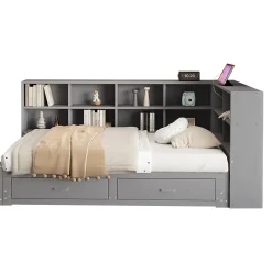 Lit Gigogne en Bois 90/180x190 cm - Lit Enfant avec Rangement, Tiroirs et Prise Électrique, Sommier à Lattes, Gris