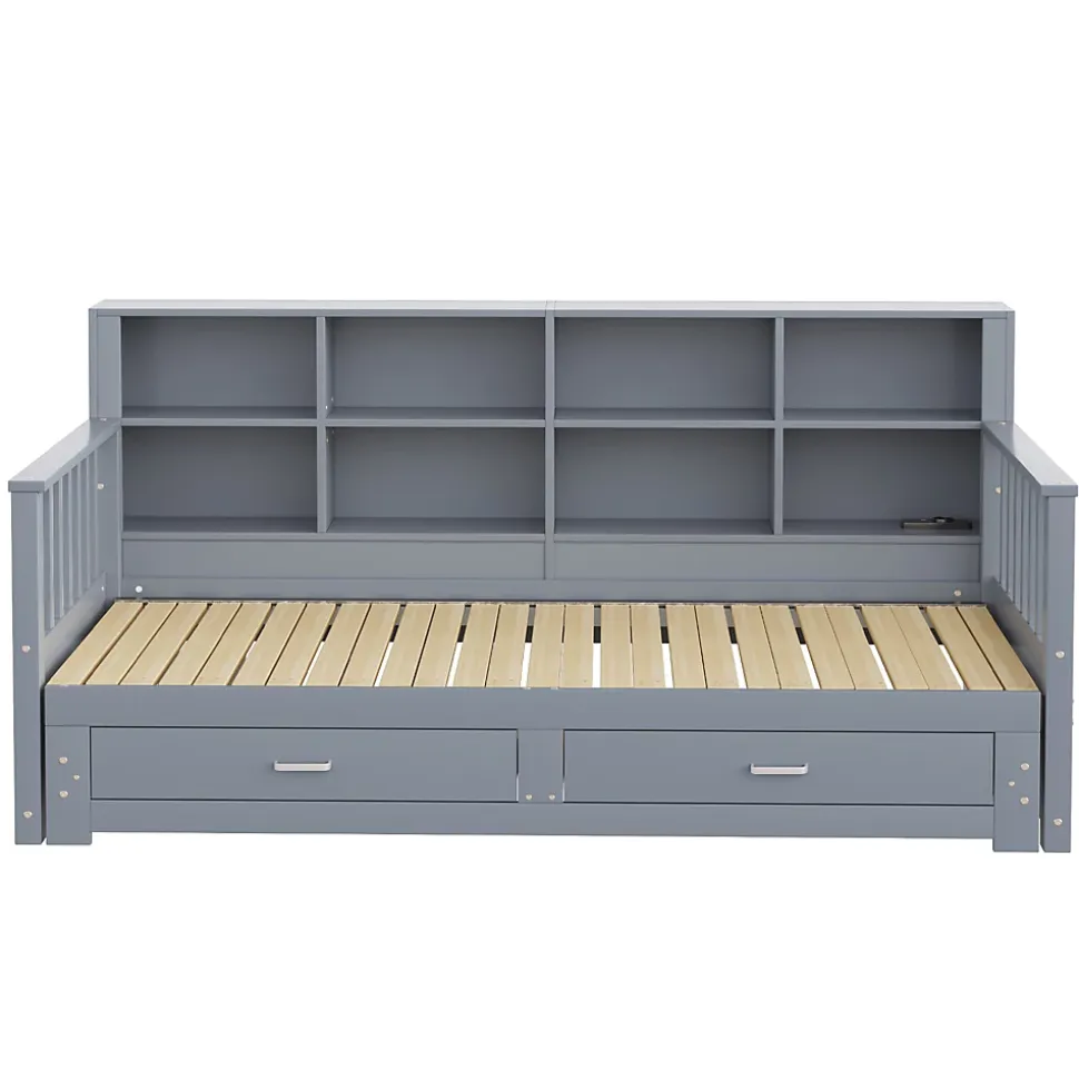 Lit Gigogne en Bois 90/180x190 cm Extensible avec Tiroirs et Prise USB, Lit Multifonction avec Rangement, Gris
