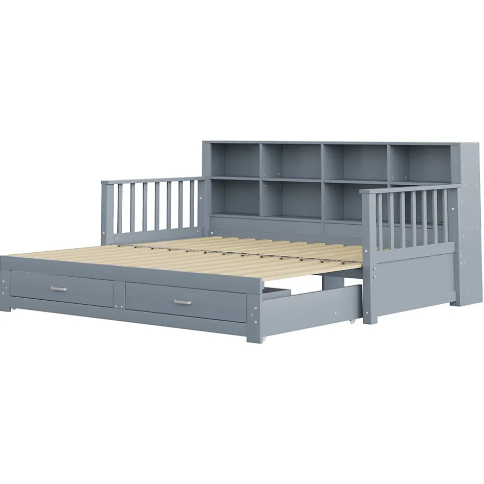 Lit Gigogne en Bois 90/180x190 cm Extensible avec Tiroirs et Prise USB, Lit Multifonction avec Rangement, Gris