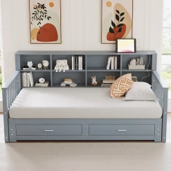 Lit Gigogne en Bois 90/180x190 cm Extensible avec Tiroirs et Prise USB, Lit Multifonction avec Rangement, Gris