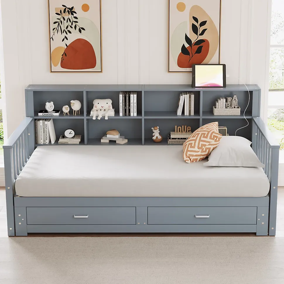 Lit Gigogne en Bois 90/180x190 cm Extensible avec Tiroirs et Prise USB, Lit Multifonction avec Rangement, Gris