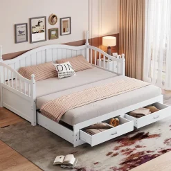 Lit Gigogne en Bois 90/180x190 cm Extensible avec Tiroirs et Sommier Intégré, Lit Multifonction pour enfant ou Adulte, Blanc