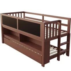 Lit Gigogne enfant 90x200 cm avec Lit Tiroir, Échelle, Tableau à Gribouillis et Rangement Intégré - Sans Matelas - Bois Marron