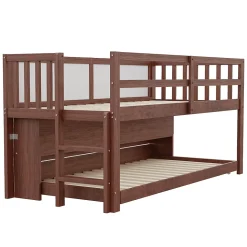 Lit Gigogne enfant 90x200 cm avec Lit Tiroir, Échelle, Tableau à Gribouillis et Rangement Intégré - Sans Matelas - Bois Marron