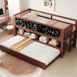 Lit Gigogne enfant 90x200 cm avec Lit Tiroir, Échelle, Tableau à Gribouillis et Rangement Intégré - Sans Matelas - Bois Marron