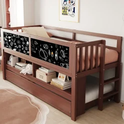 Lit Gigogne enfant 90x200 cm avec Lit Tiroir, Échelle, Tableau à Gribouillis et Rangement Intégré - Sans Matelas - Bois Marron