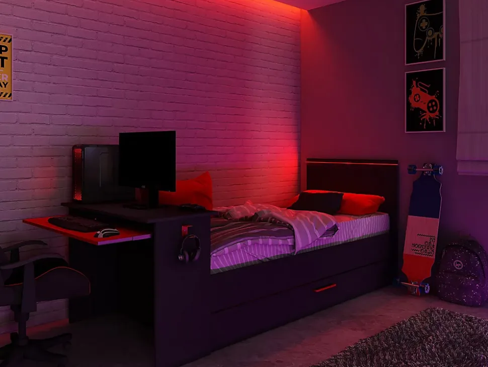 Lit gigogne gamer 90 x 200 et 90 x 190 cm - Avec bureau - LEDs - Anthracite et rouge + Matelas + Sommier - VOUANI