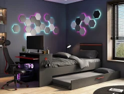 Lit gigogne gamer 90 x 200 et 90 x 190 cm - Avec bureau - LEDs - Anthracite et rouge + Matelas + Sommier - VOUANI