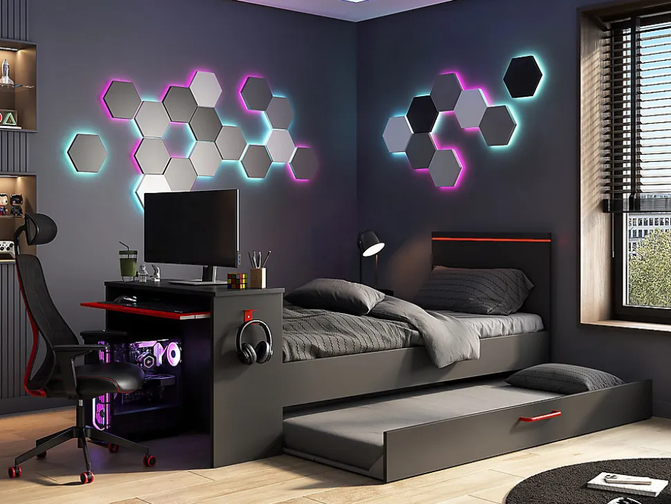 Lit gigogne gamer 90 x 200 et 90 x 190 cm - Avec bureau - LEDs - Anthracite et rouge + Matelas + Sommier - VOUANI