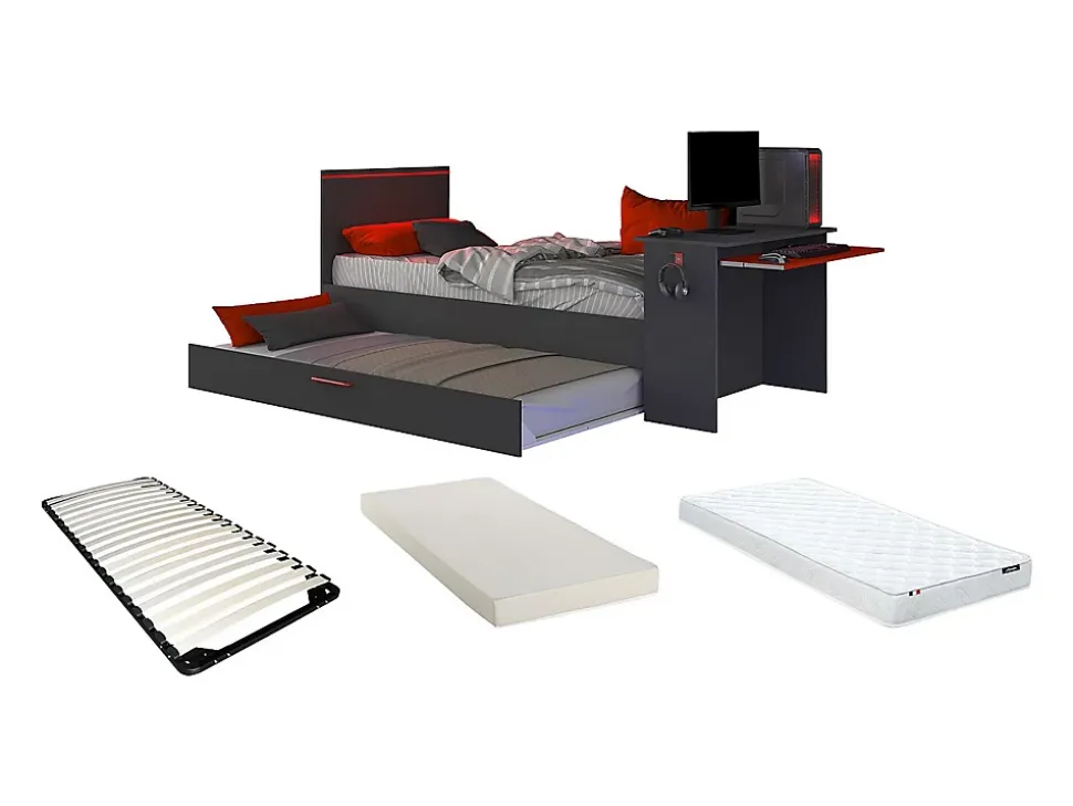 Lit gigogne gamer 90 x 200 et 90 x 190 cm - Avec bureau - LEDs - Anthracite et rouge + Matelas + Sommier - VOUANI