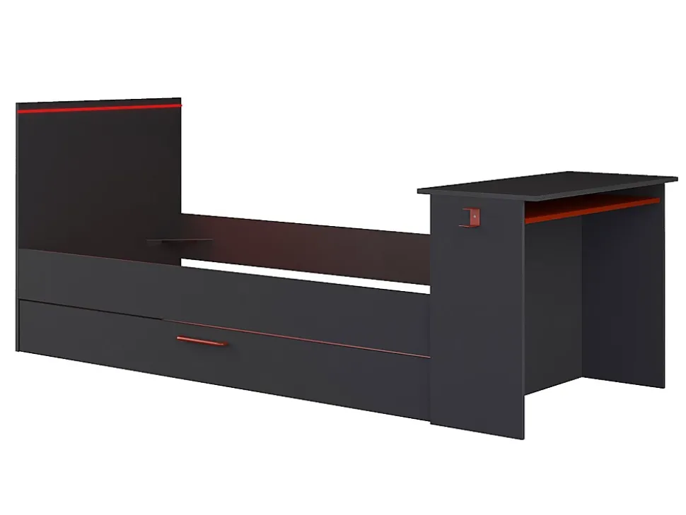 Lit gigogne gamer 90 x 200 et 90 x 190 cm - Avec bureau - LEDs - Anthracite et rouge + Matelas + Sommier - VOUANI