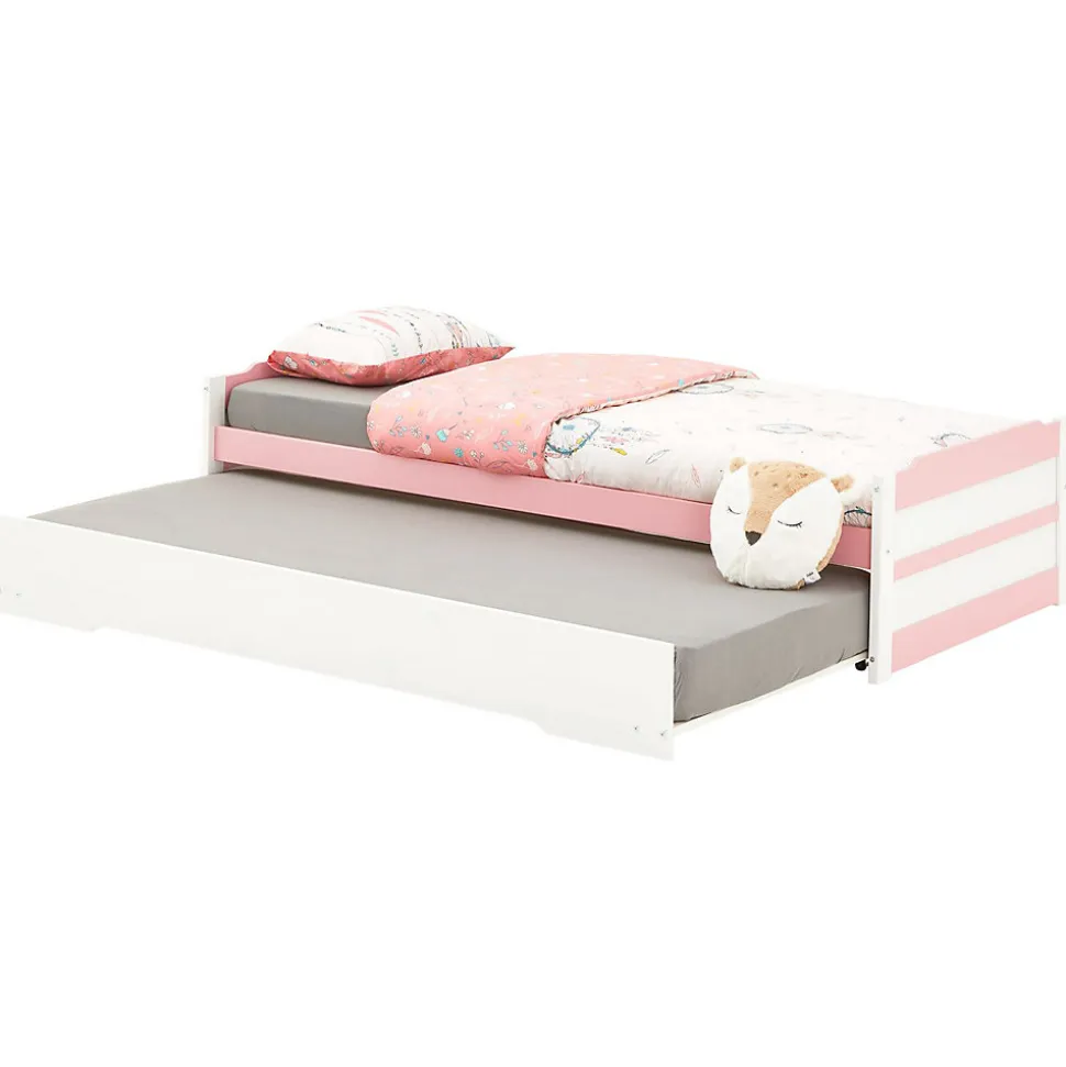 Lit gigogne LORENA en pin massif, 90 x 190 cm, lasuré blanc et rose