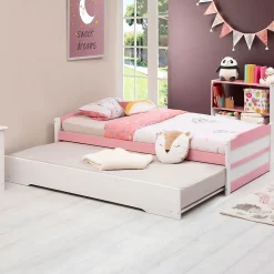 Lit gigogne LORENA en pin massif, 90 x 190 cm, lasuré blanc et rose