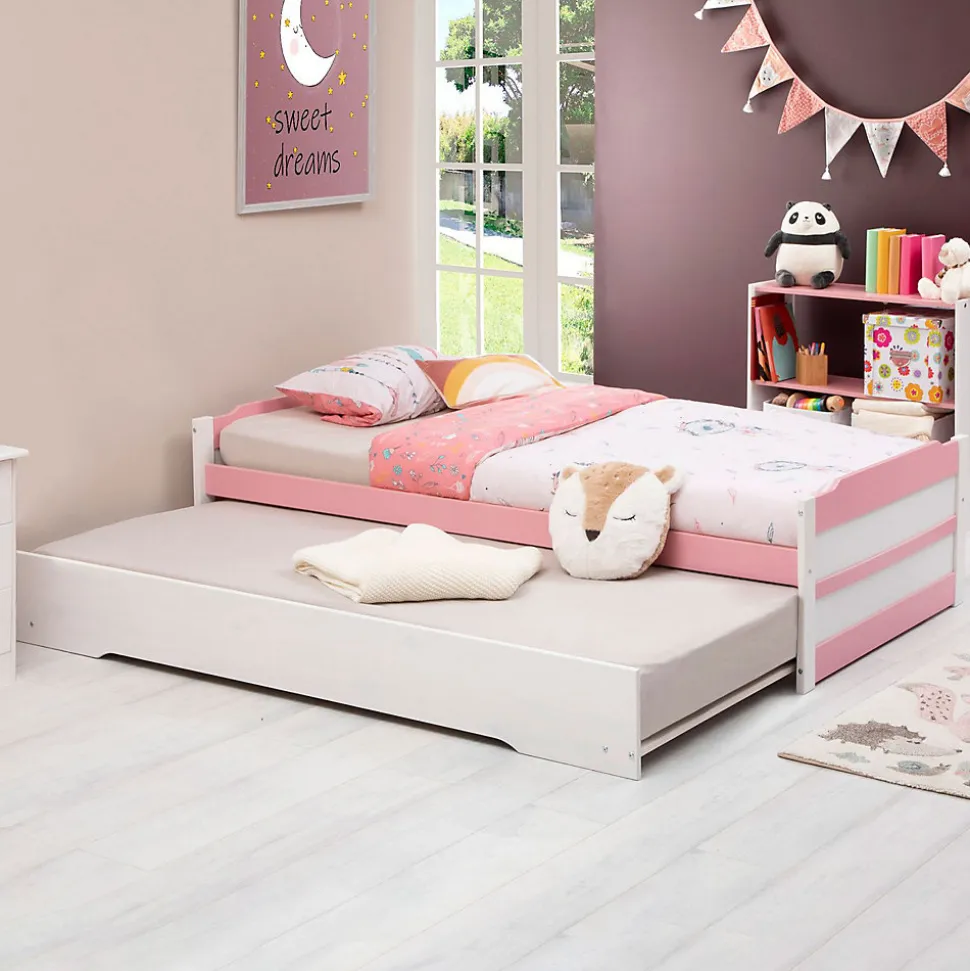 Lit gigogne LORENA en pin massif, 90 x 190 cm, lasuré blanc et rose