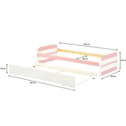 Lit gigogne LORENA en pin massif, 90 x 190 cm, lasuré blanc et rose