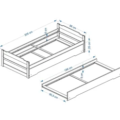 Lit gigogne LORENA en pin massif, 90 x 200 cm, lasuré blanc et rose