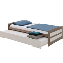 Lit gigogne LORENA en pin massif, 90 x 190 cm, lasuré taupe et blanc
