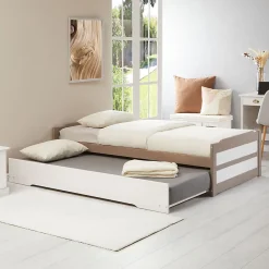 Lit gigogne LORENA en pin massif, 90 x 190 cm, lasuré taupe et blanc