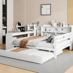 Lit Gigogne Multifonction 140x200 cm, avec Bureau et Étagères Intégrées, Lit Coulissant Sous Le Lit - Blanc - Sans Matelas