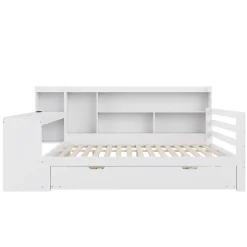 Lit Gigogne Multifonction 140x200 cm, avec Bureau et Étagères Intégrées, Lit Coulissant Sous Le Lit - Blanc - Sans Matelas