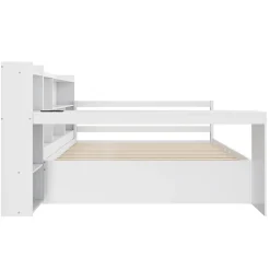 Lit Gigogne Multifonction 140x200 cm, avec Bureau et Étagères Intégrées, Lit Coulissant Sous Le Lit - Blanc - Sans Matelas