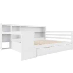 Lit Gigogne Multifonction 140x200 cm, avec Bureau et Étagères Intégrées, Lit Coulissant Sous Le Lit - Blanc - Sans Matelas