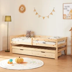 Lit gigogne pour enfant Sonkajärvi avec 2 tiroirs bois de pin 90 x 200 cm naturel en.casa