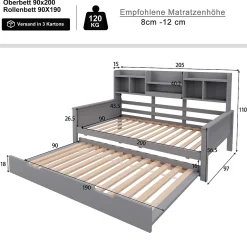Lit gigogne simple 90x200 cm en bois avec rangement intégré - multifonction, pratique et spacieux, gris, sans matelas