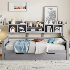 Lit gigogne simple 90x200 cm en bois avec rangement intégré - multifonction, pratique et spacieux, gris, sans matelas