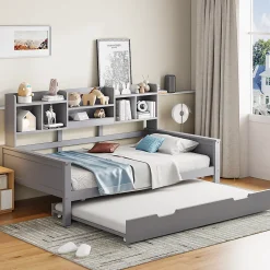 Lit gigogne simple 90x200 cm en bois avec rangement intégré - multifonction, pratique et spacieux, gris, sans matelas