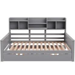 Lit gigogne simple 90x200 cm en bois avec rangement intégré - multifonction, pratique et spacieux, gris, sans matelas