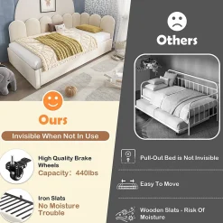 Lit Gigogne Simple 90x200 cm avec Lit Secondaire 90x190 cm - Gain de Place pour Chambre d'enfant - Velours Beige - Sans Matelas