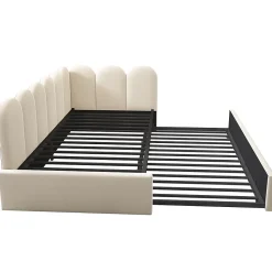 Lit Gigogne Simple 90x200 cm avec Lit Secondaire 90x190 cm - Gain de Place pour Chambre d'enfant - Velours Beige - Sans Matelas