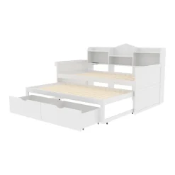 Lit Gigogne Simple 90x200 cm avec Lit 90x190 cm, Tiroirs et Grand Rangement, Port USB Intégré Bois Blanc, Multifonction, Blanc